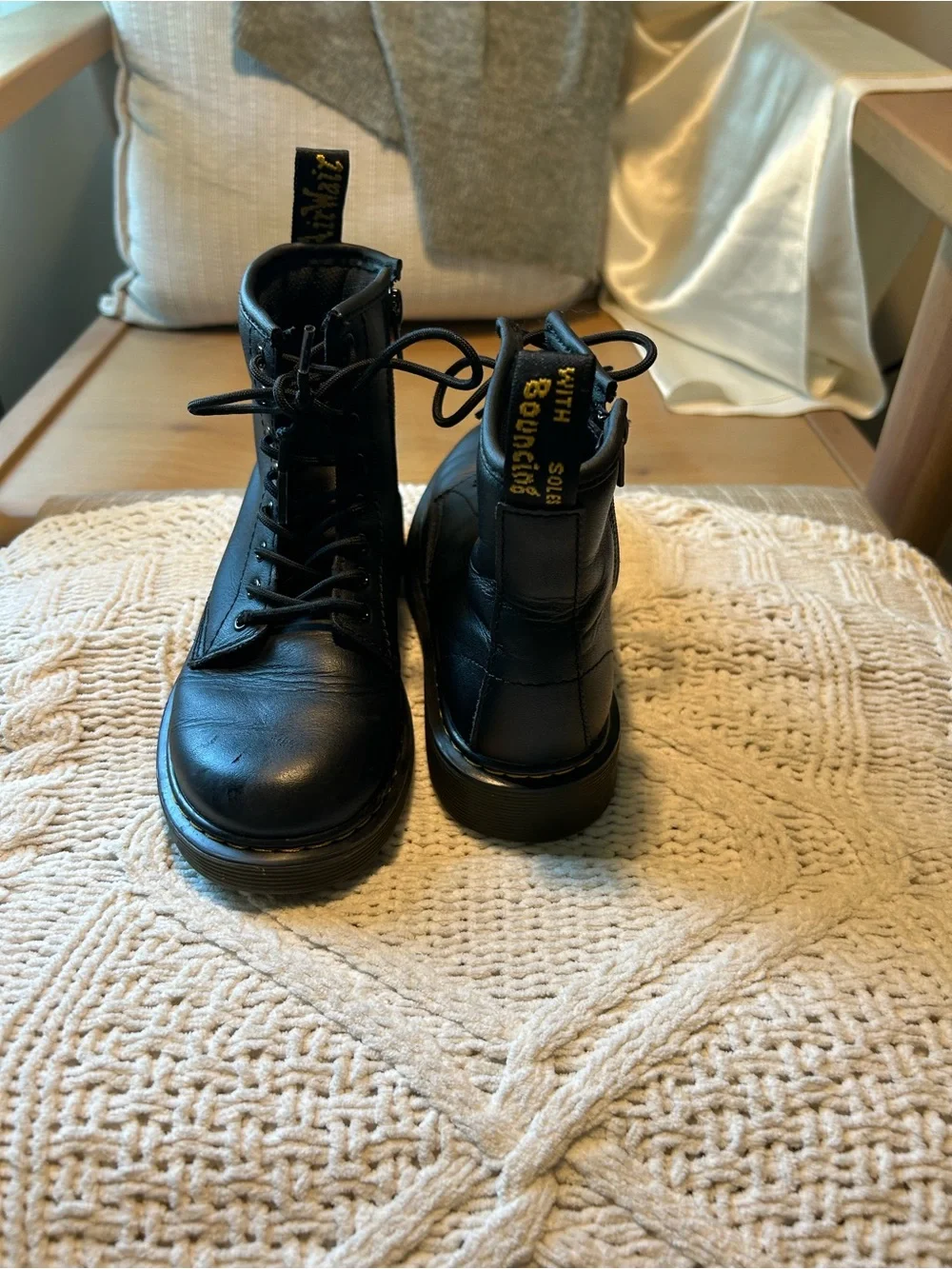 Doc Martens Black Leather Lace-Up Combat Boots with Side Zip- Girls size 1